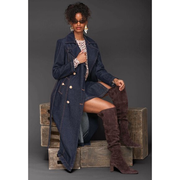 New Avec Les Filles Dark Denim Belted Utility Trench Coat XS $218 - Picture 2 of 8
